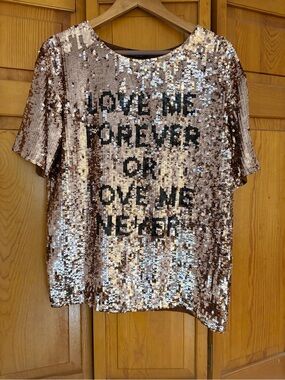 Topshop Rose Gold Sequin Short Sleeve Tee with Black Lettering